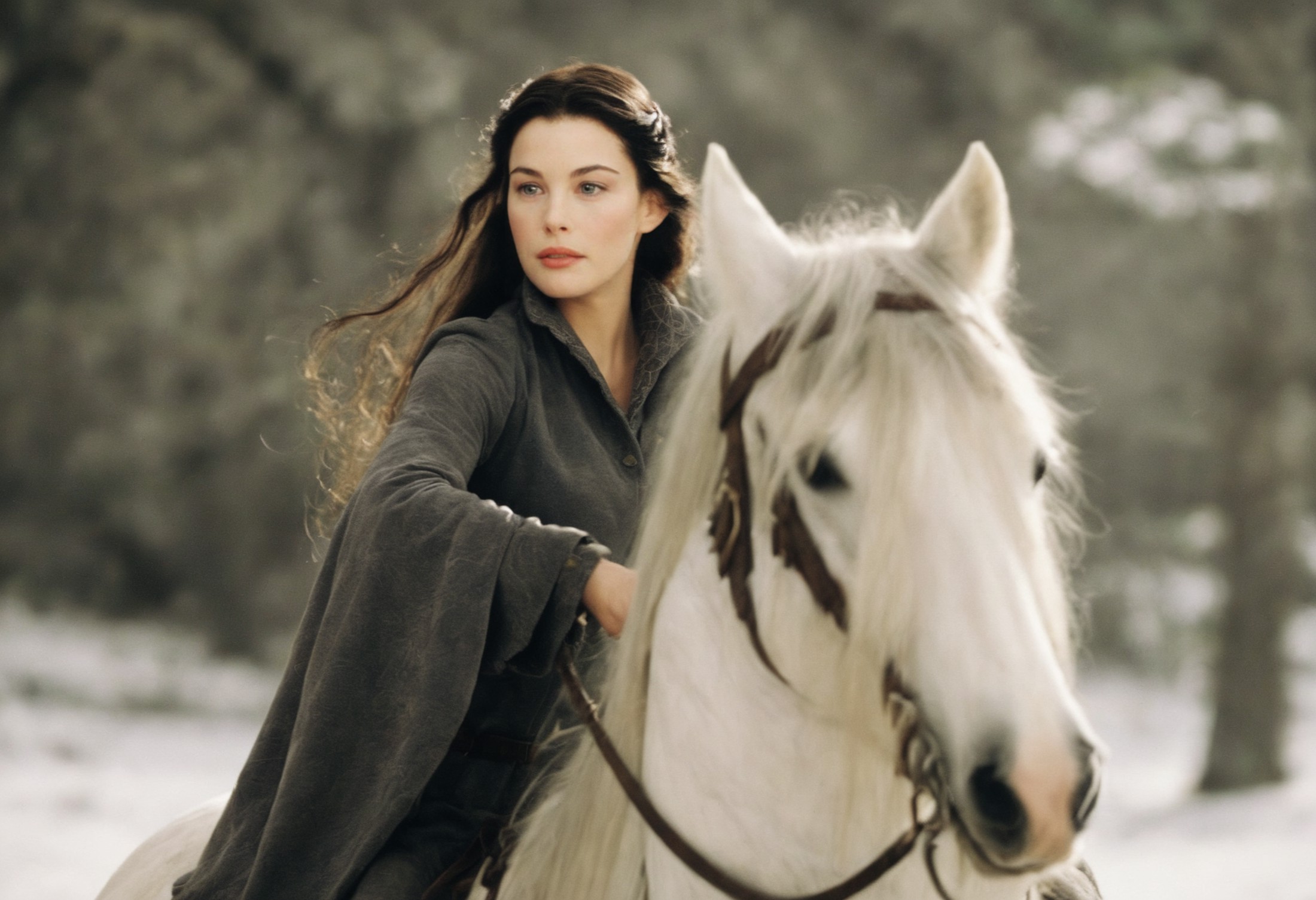 stunning photo of liv_arwen racing on a white horse, galloping, (pointed ears:0.7), ethereal elven beauty, <lora:arwen_pro...